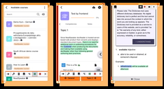 User interface showcasing available courses, document reader, and dictionary tool features.